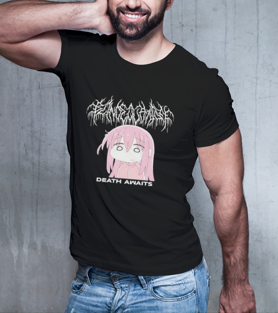 Bocchi The Rock Death Awaits Metal Style Art With Pink-Haired Character T-Shirt