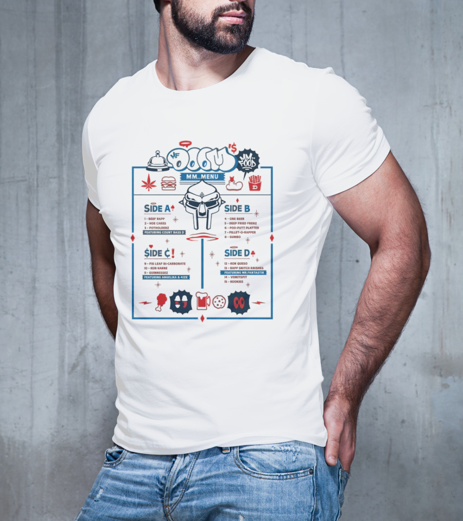 Mf Doom Doom's Diner MM..Food Menu Featuring Beef Rapp And Rap Snitch Knishes T-Shirt