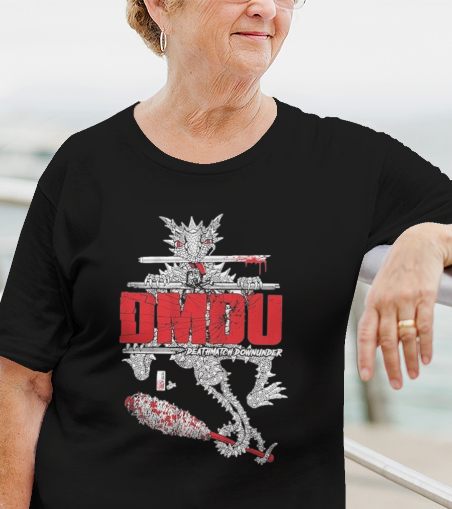 DMOU Deathmatch Downunder Dragon With Barbed Bat And Weaponry T-Shirt