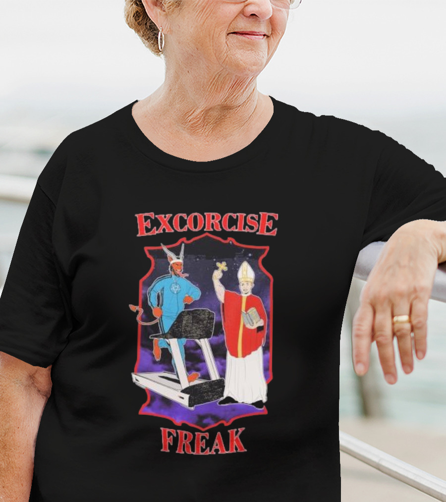 EXCORCISE FREAK Demon On Treadmill With Priest T-Shirt