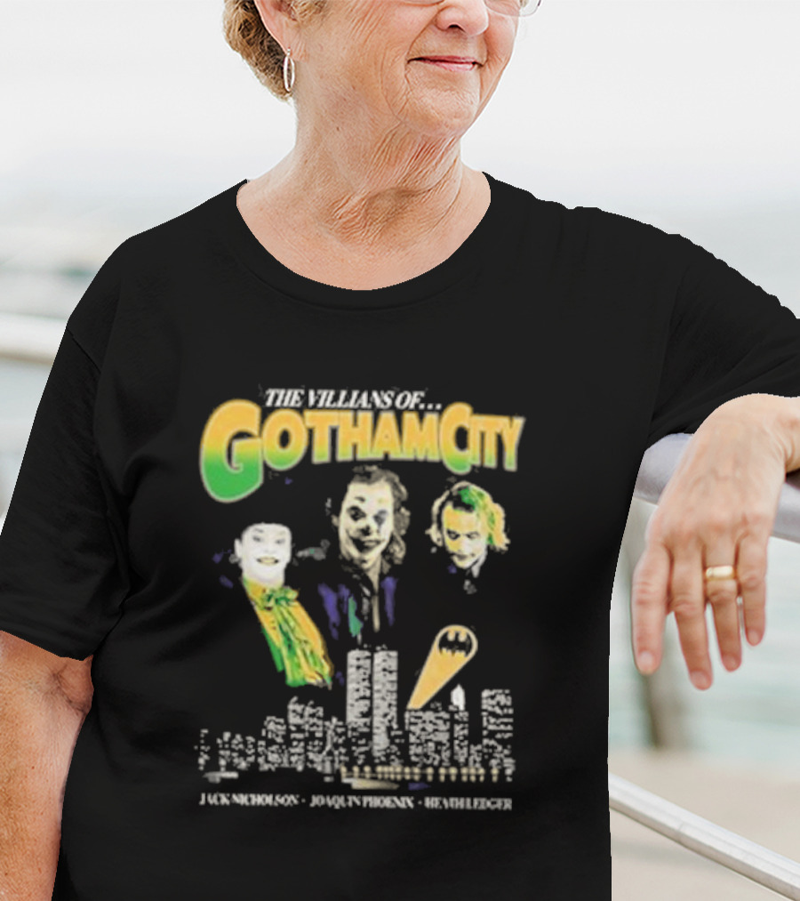 The Villains Of Gotham City Jack Nicholson Joaquin Phoenix Heath Ledger Joker Trio T-Shirt