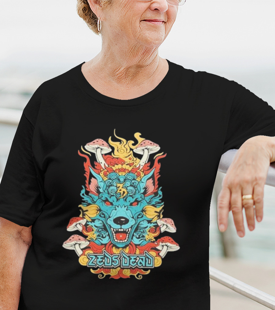 Zeds Dead Psychedelic Wolf And Mushrooms Imagery Navy T-Shirt