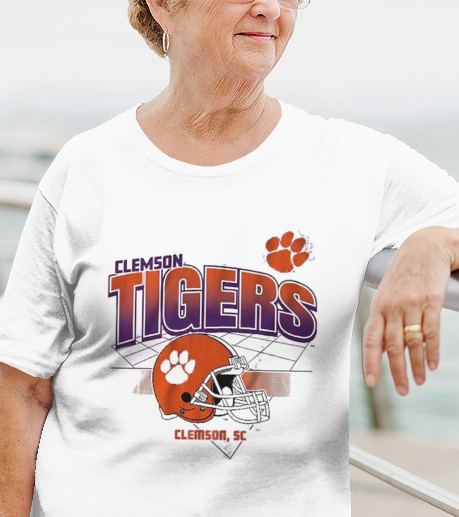 Clemson Tigers Football Helmet Logo Clemson SC Grid Paw Prints T-Shirt