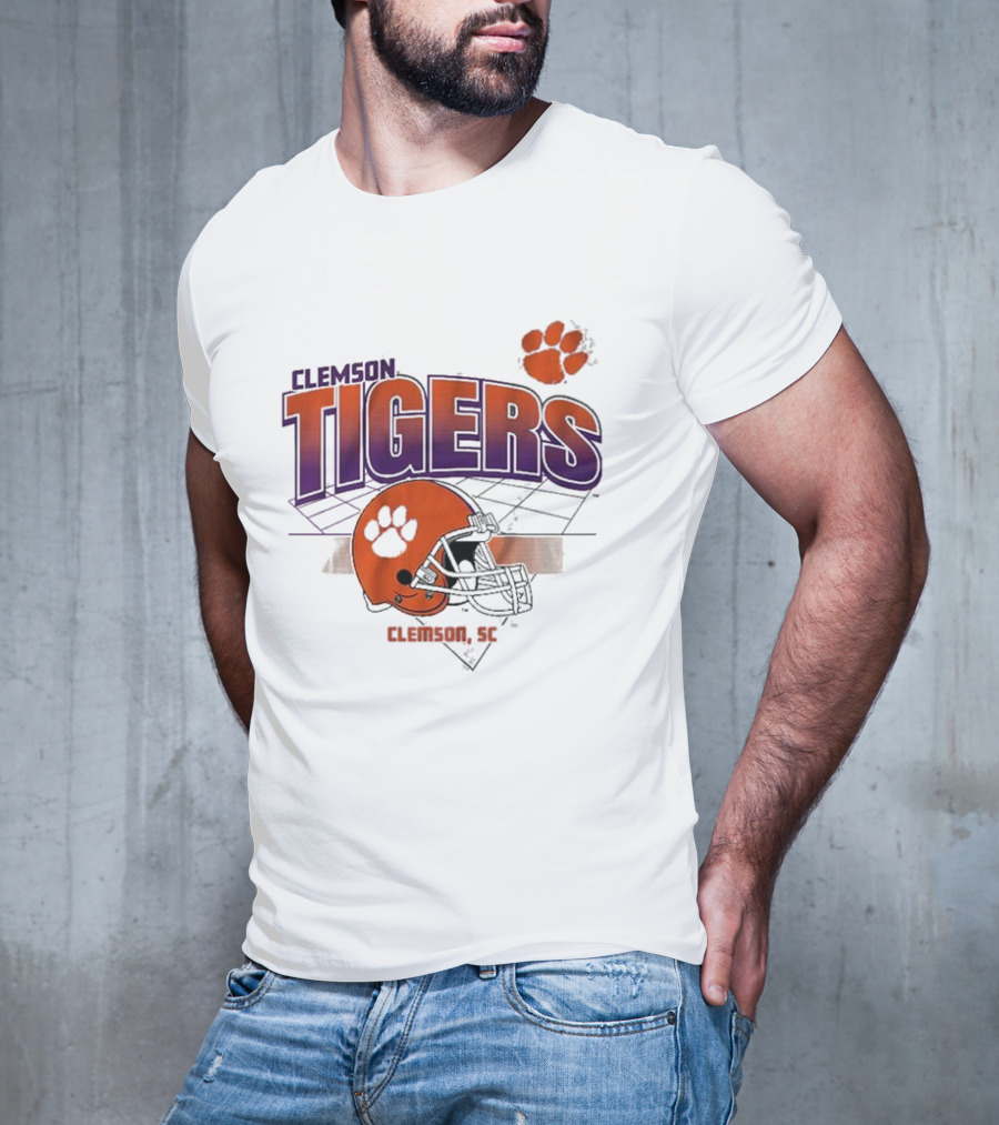 Clemson Tigers Football Helmet Logo Clemson SC Grid Paw Prints T-Shirt