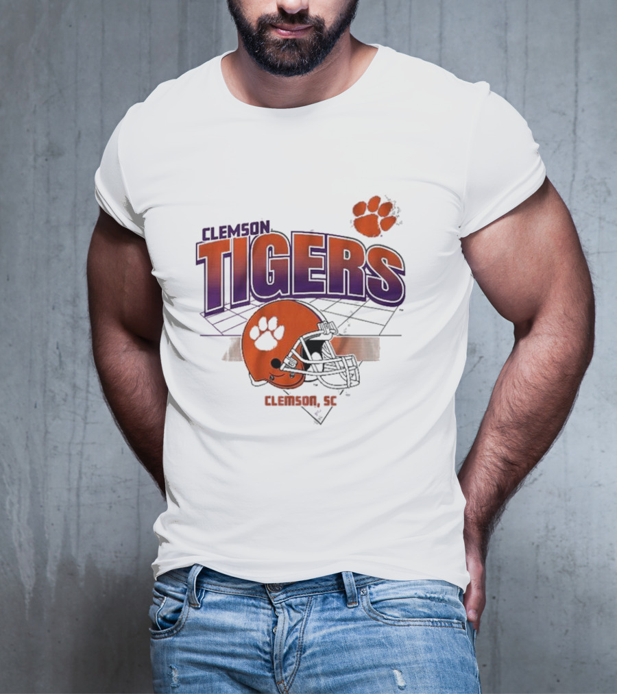 Clemson Tigers Football Helmet Logo Clemson SC Grid Paw Prints T-Shirt