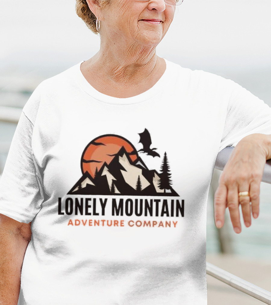 Lonely Mountain Adventure Company Dragon And Sunset Mountain Scene T-Shirt