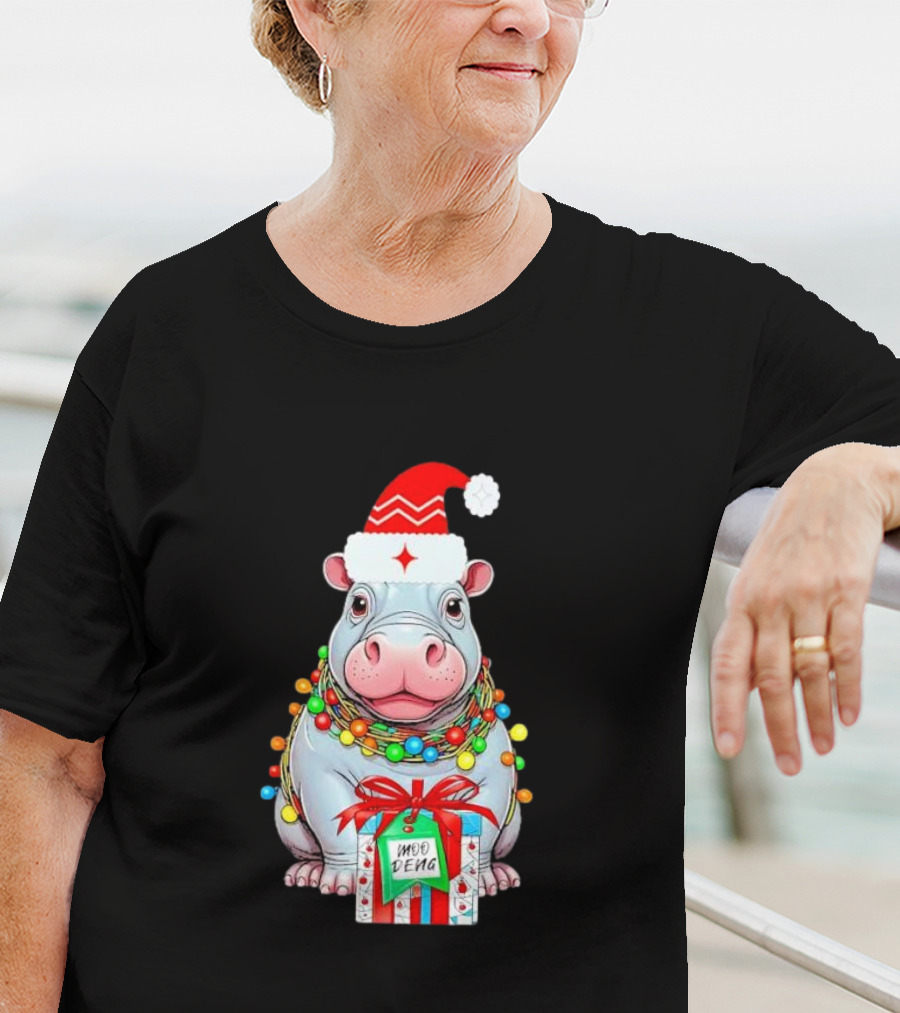 Moo Deng Merry Christmas Lights Tree Santa Hippo With Gift T-Shirt