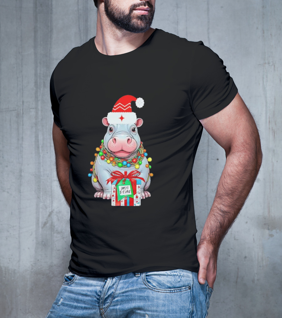 Moo Deng Merry Christmas Lights Tree Santa Hippo With Gift T-Shirt