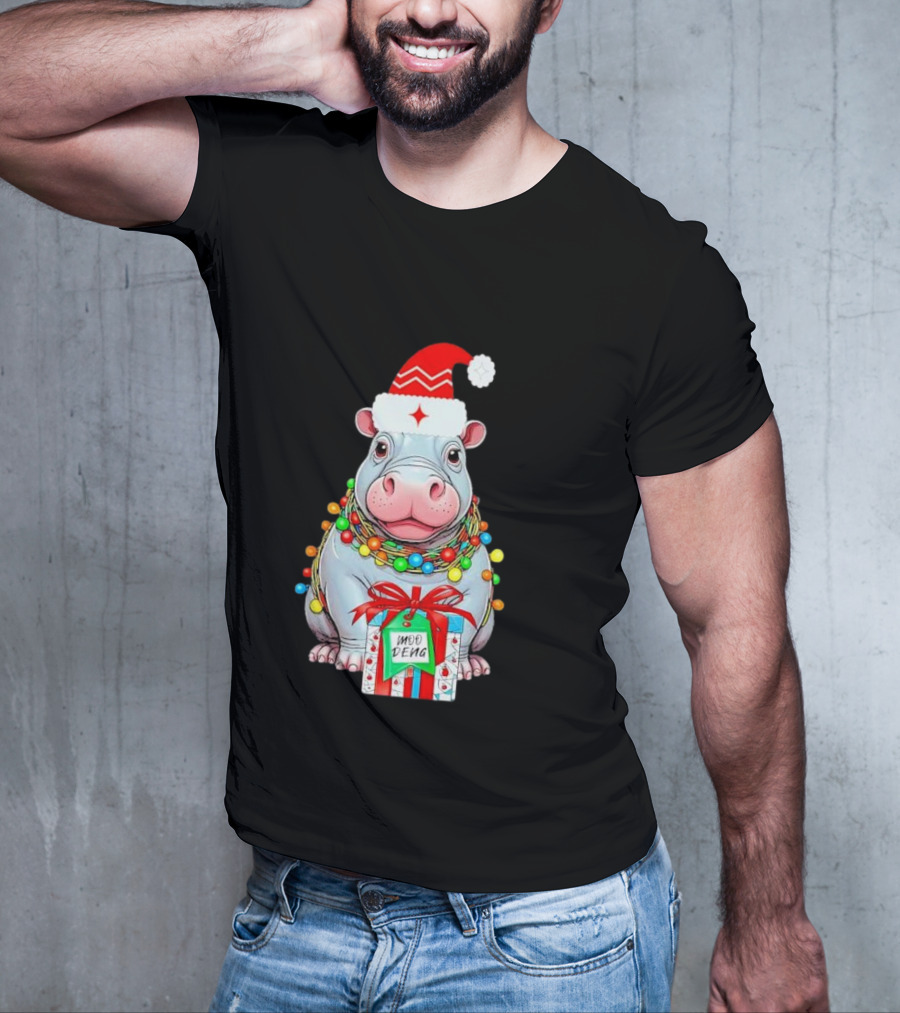 Moo Deng Merry Christmas Lights Tree Santa Hippo With Gift T-Shirt