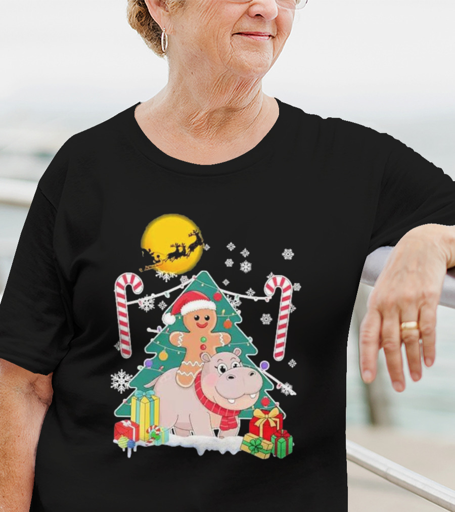 Santa Gingerbread Riding Hippo Christmas Candy Canes Snowflake Christmas Tree T-Shirt