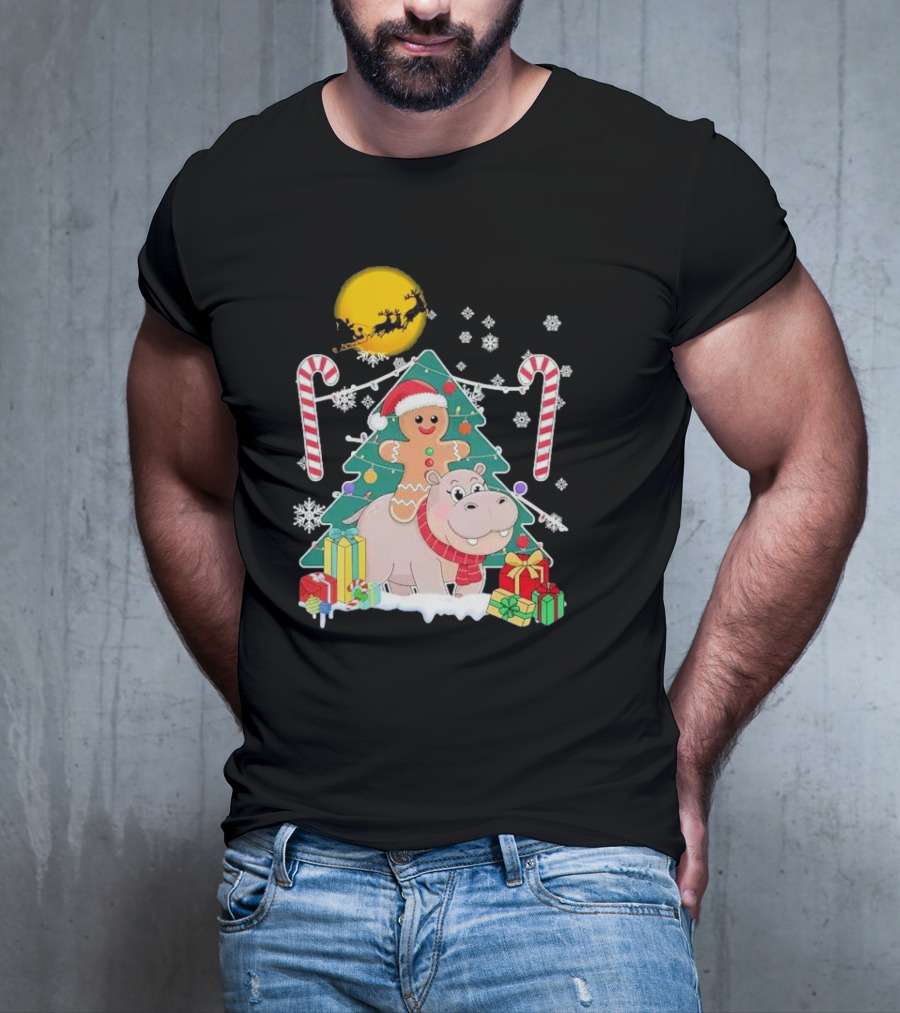 Santa Gingerbread Riding Hippo Christmas Candy Canes Snowflake Christmas Tree T-Shirt