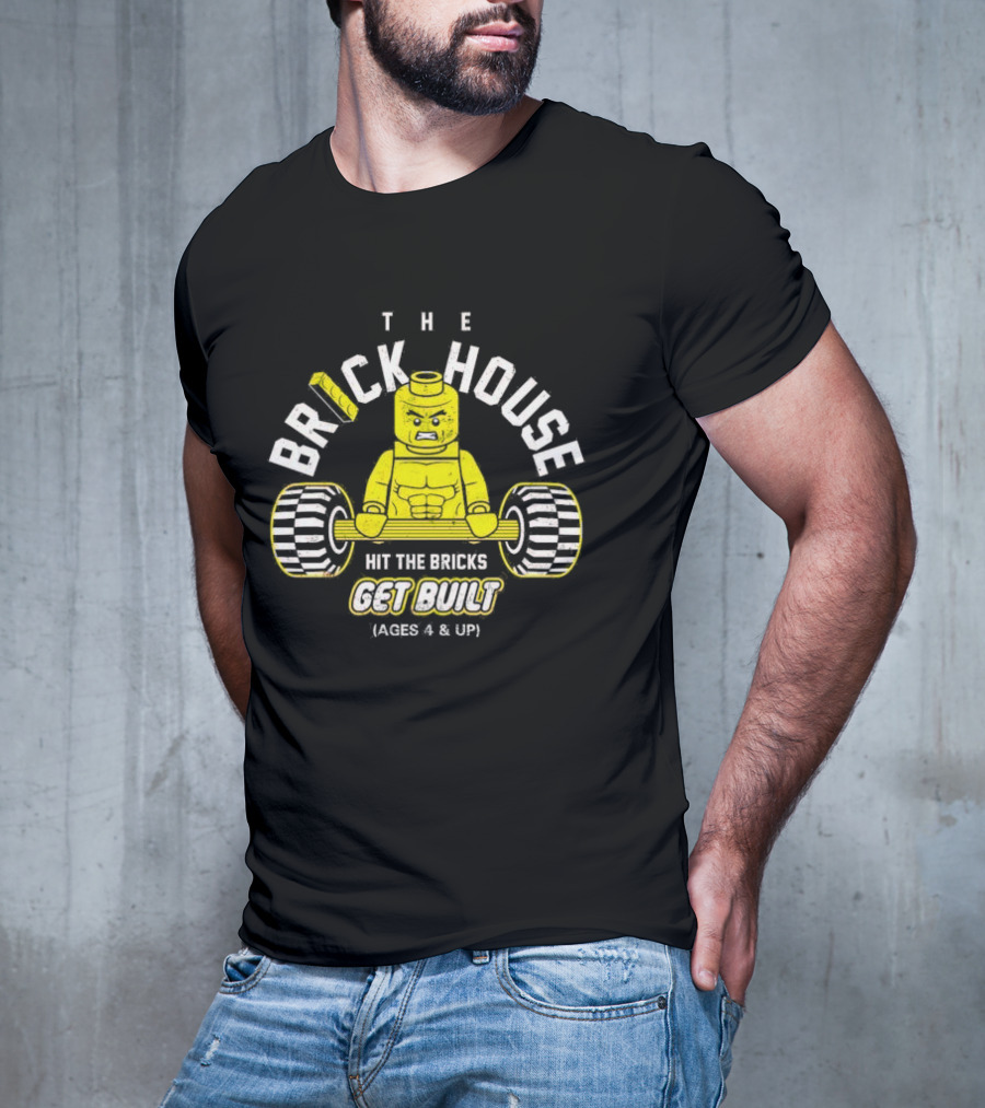 The Brick House Hit The Bricks Get Built Ages 4 And Up Yellow Lego Weightlifter T-Shirt