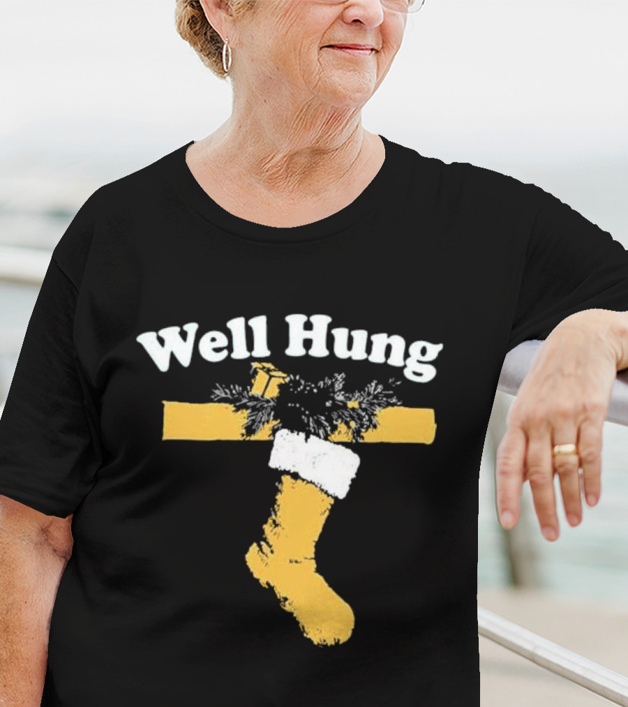 Well Hung Christmas Stocking Shot With Garland And Gift T-Shirt