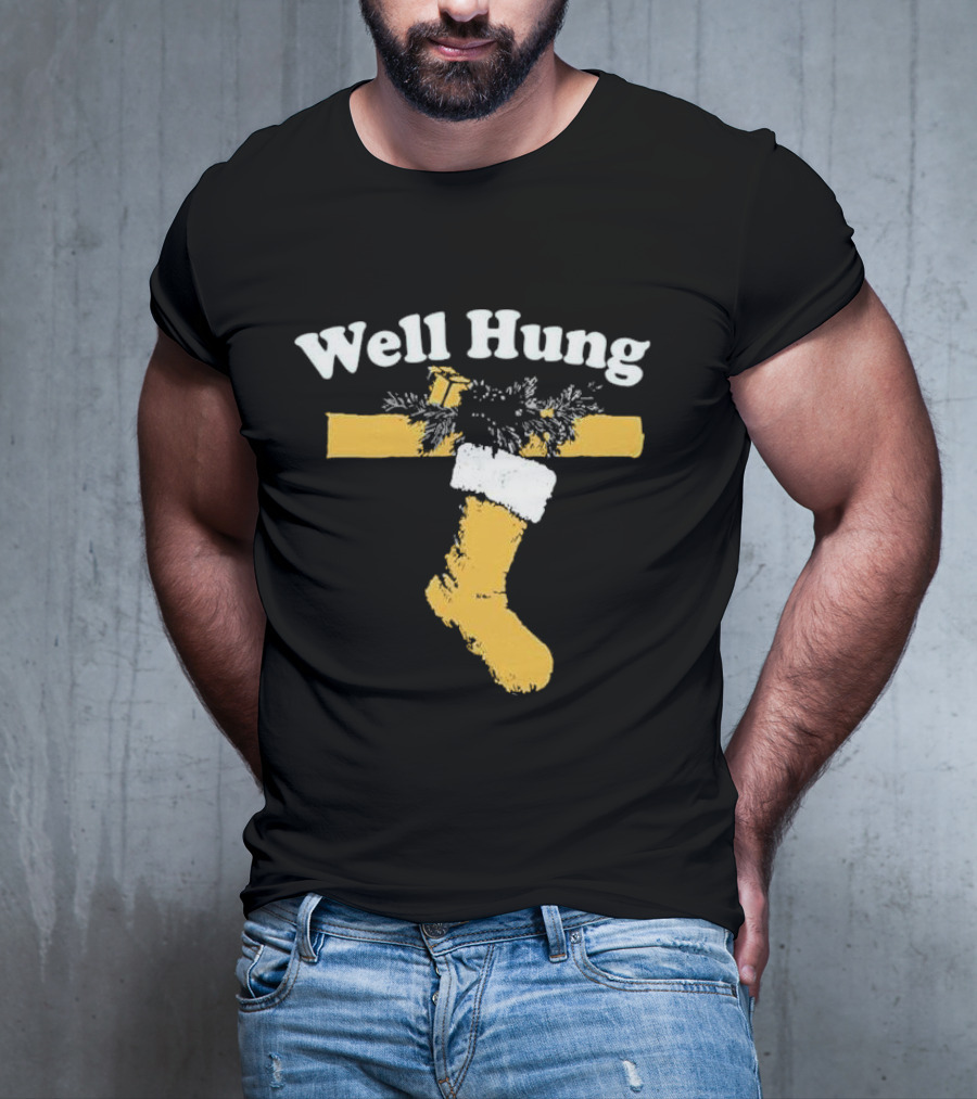 Well Hung Christmas Stocking Shot With Garland And Gift T-Shirt