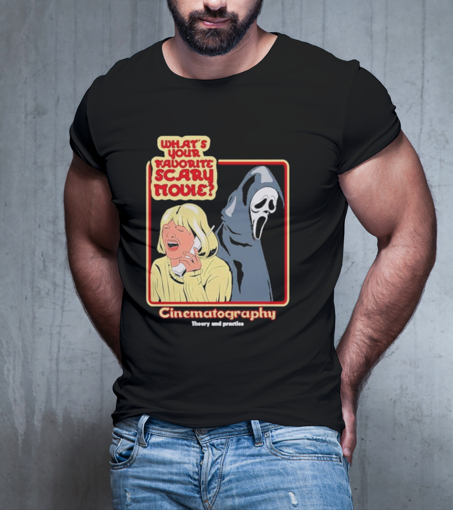What’s Your Favorite Scary Movie Cinematography Theory And Practice Ghost Mask Girl On Phone T-Shirt