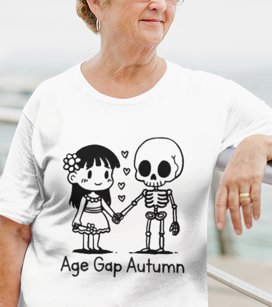 Age Gap Autumn Girl And Skeleton Holding Hands With Hearts T-Shirt