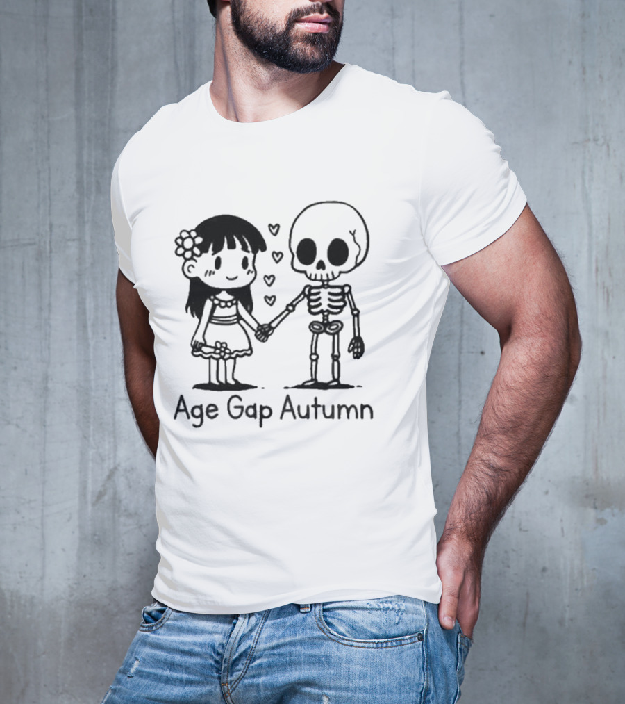 Age Gap Autumn Girl And Skeleton Holding Hands With Hearts T-Shirt