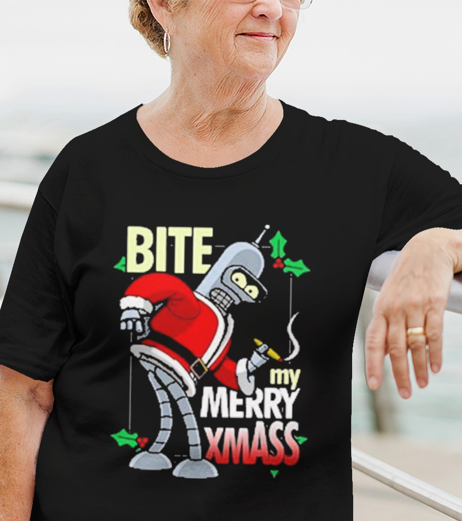 Bite My Merry Xmass Santa Robot Smoking Cigar T-Shirt