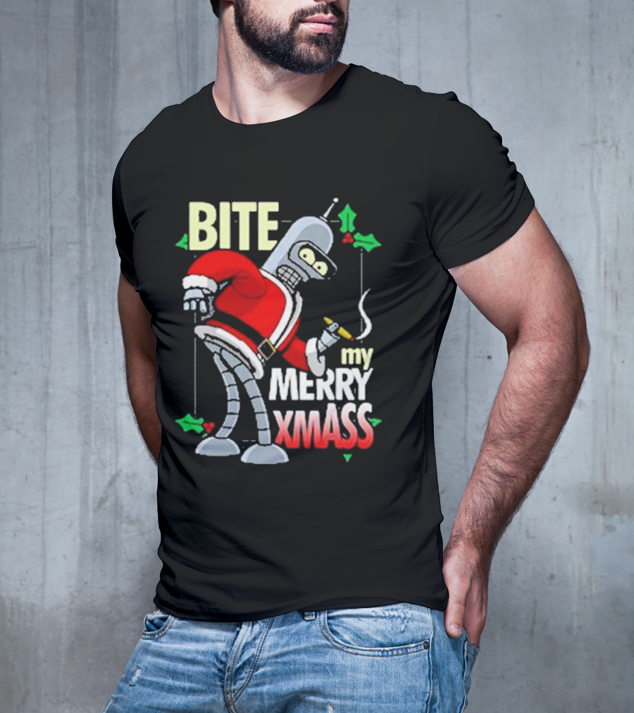 Bite My Merry Xmass Santa Robot Smoking Cigar T-Shirt