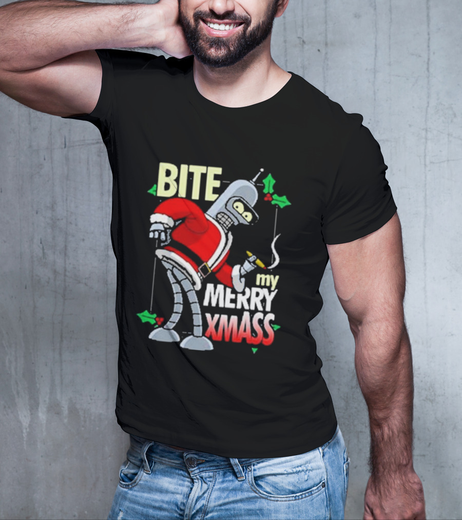 Bite My Merry Xmass Santa Robot Smoking Cigar T-Shirt