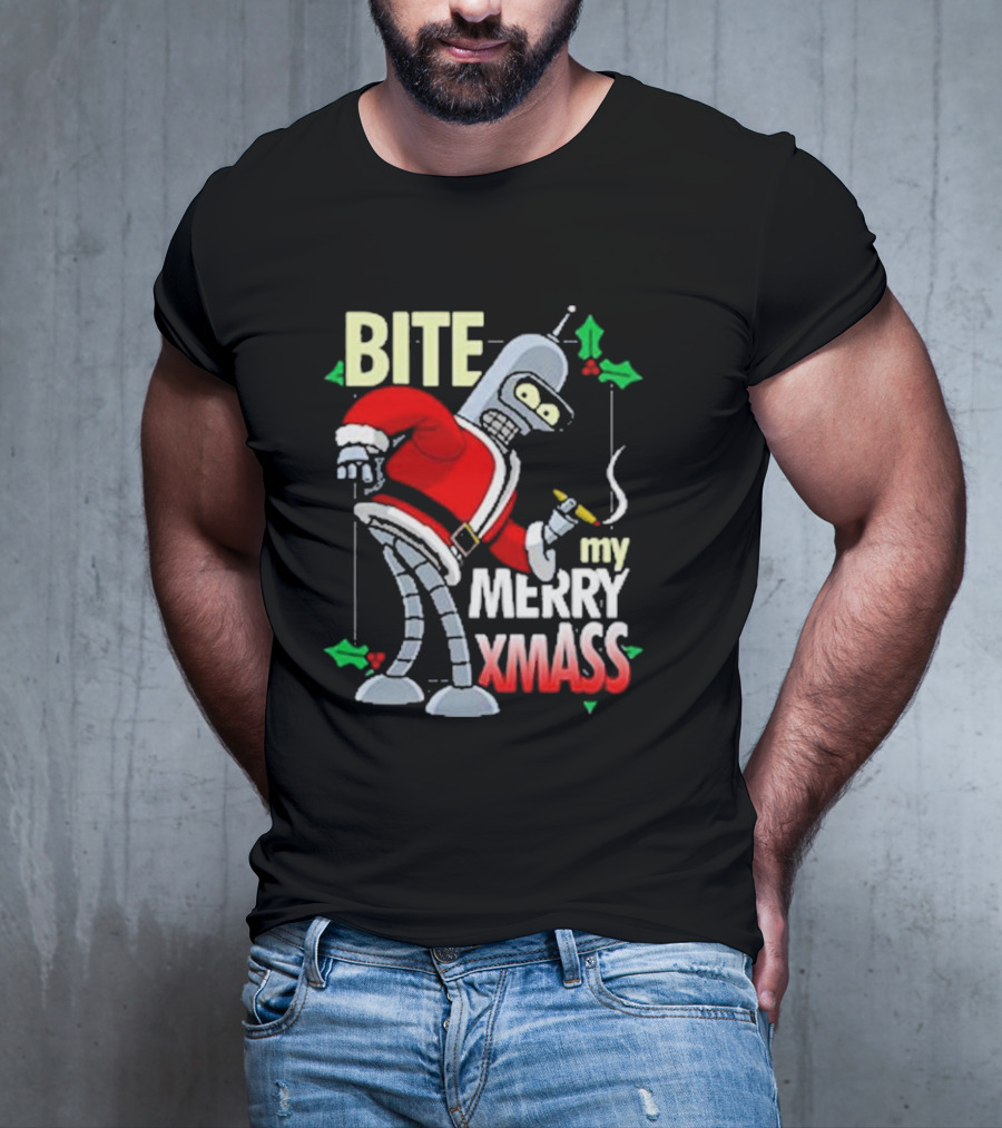 Bite My Merry Xmass Santa Robot Smoking Cigar T-Shirt
