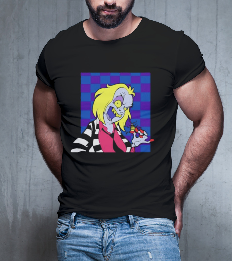 Pan Pizza Beetlejuice Cartoon Checkered Background T-Shirt