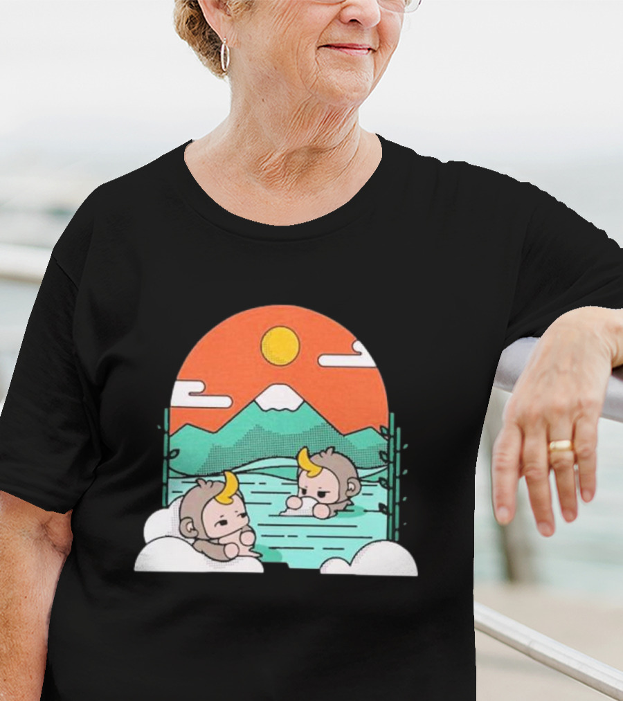 Cdawgva Tranquil Monkeys In Hot Springs With Mountains And Sunset T-Shirt
