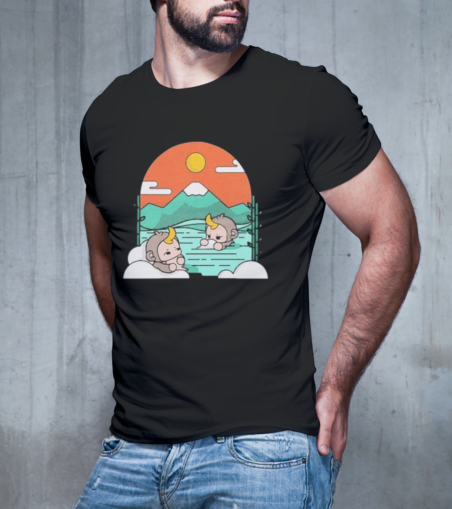 Cdawgva Tranquil Monkeys In Hot Springs With Mountains And Sunset T-Shirt