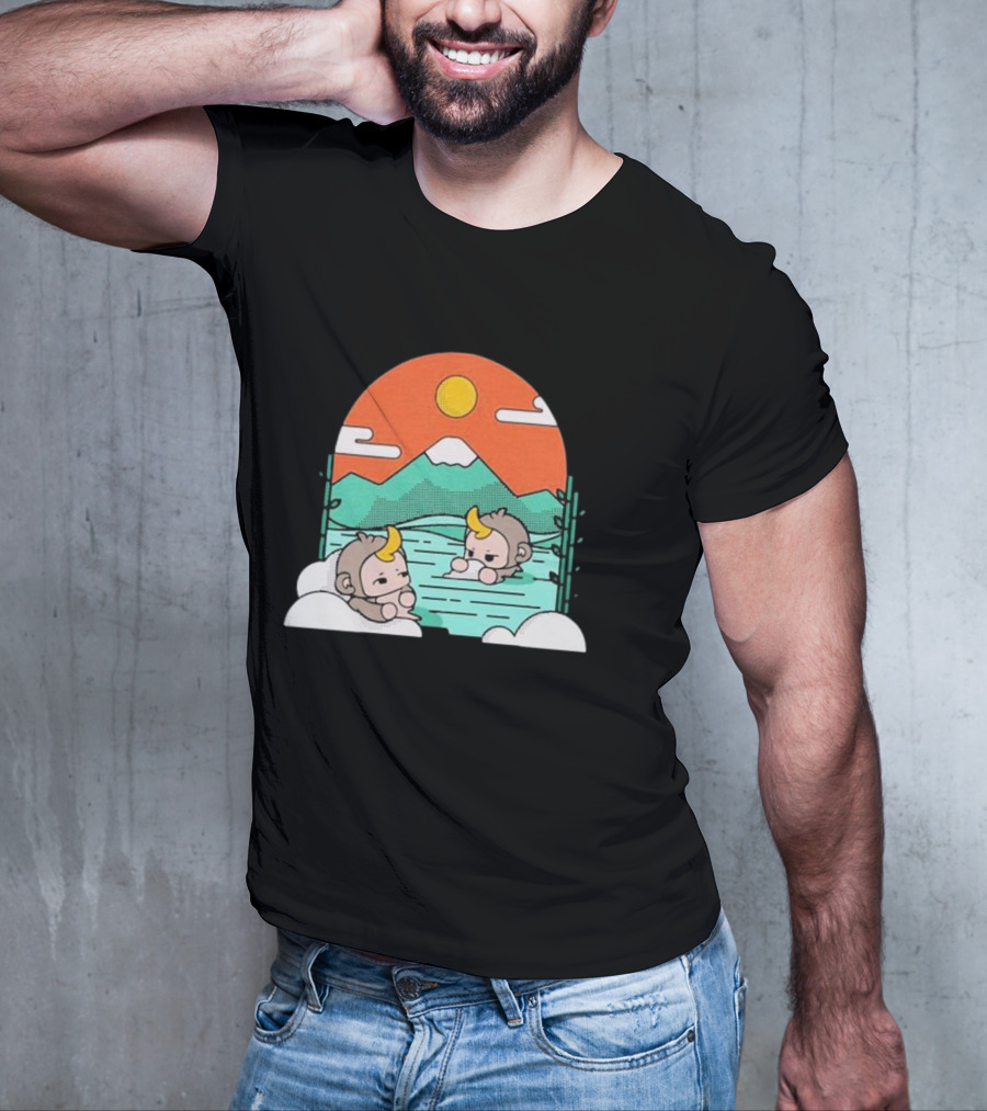 Cdawgva Tranquil Monkeys In Hot Springs With Mountains And Sunset T-Shirt