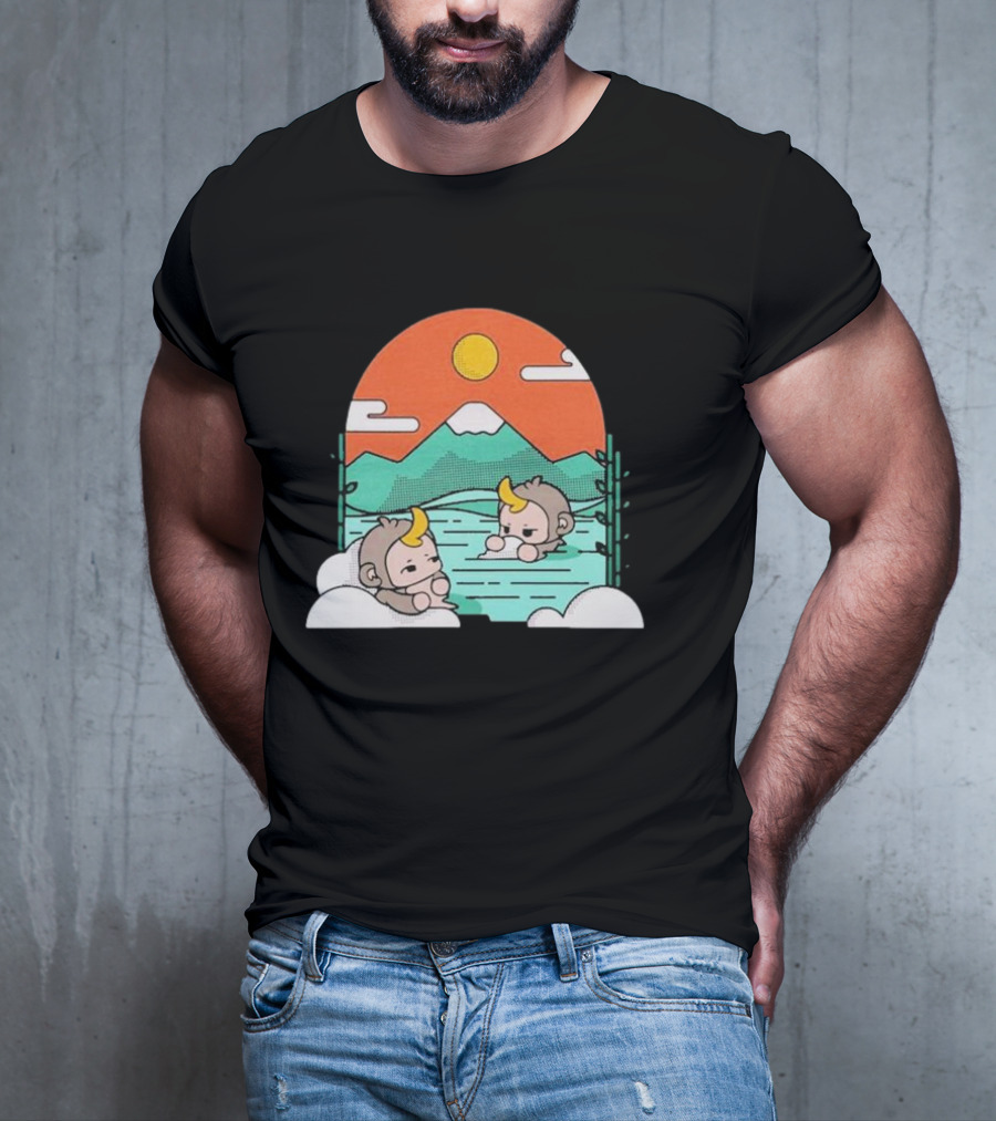 Cdawgva Tranquil Monkeys In Hot Springs With Mountains And Sunset T-Shirt