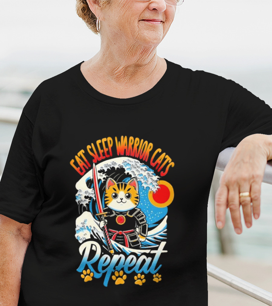 Eat Sleep Warrior Cats Repeat Great Wave Samurai Cat T-Shirt