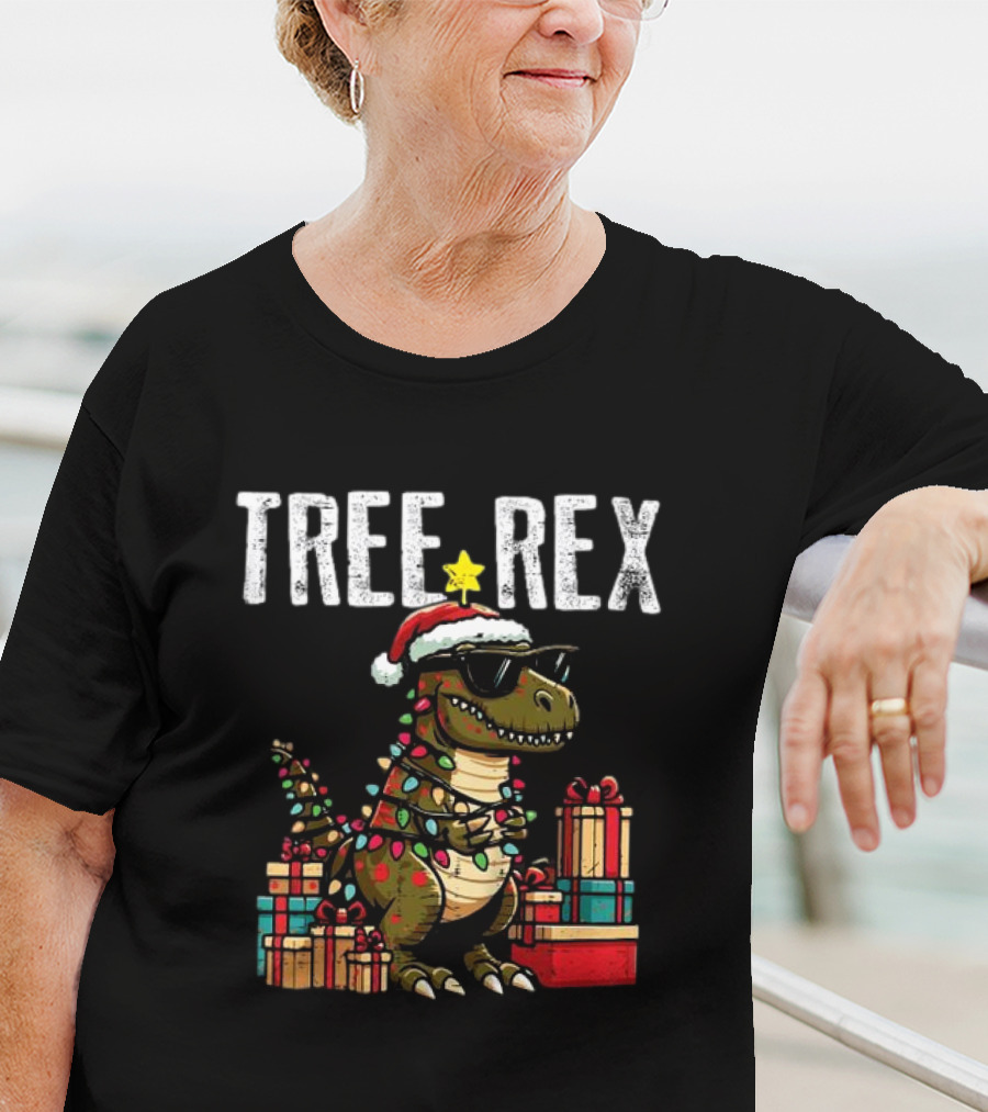 Christmas Dinosaur Tree Rex Xmas Trex Santa Hat And Presents T-Shirt