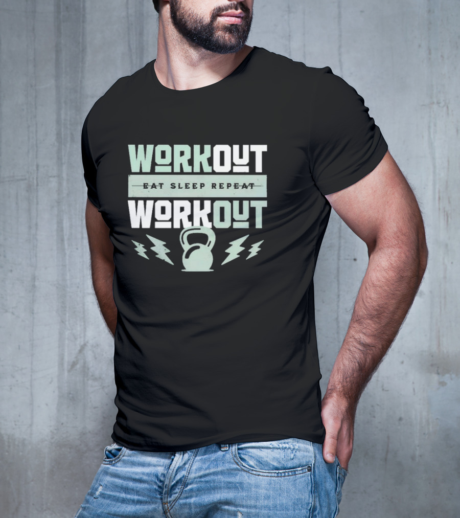 WORKOUT EAT SLEEP REPEAT WORKOUT KETTLEBELL LIGHTNING BOLTS T-Shirt