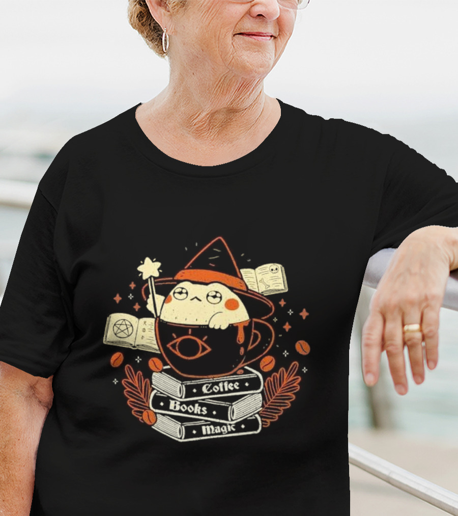 Coffee Books Magic Caffeinated Caster Wizard Tea Cup Enchantment T-Shirt