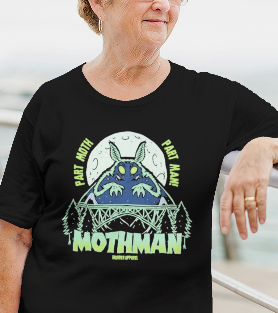 Part Moth Part Man Mothman Retro Murder Apparel Moon Bridge Forest T-Shirt