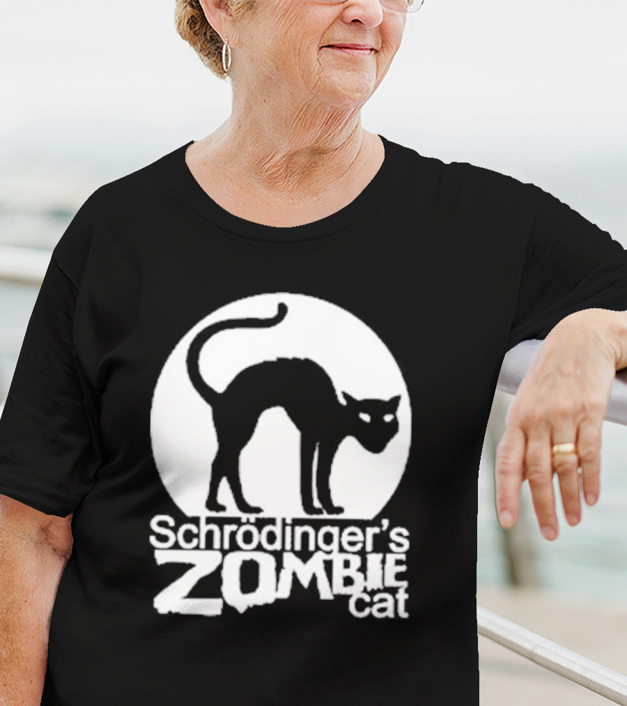 Schrodinger's Zombie Cat Black Silhouette With Round Moon Background T-Shirt