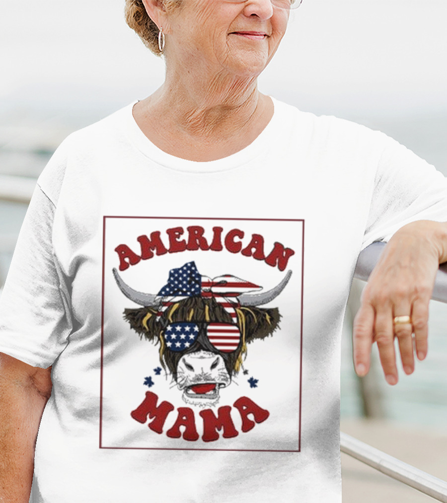 American Mama Cow Patriotic Flag Bandana And Glasses T-Shirt