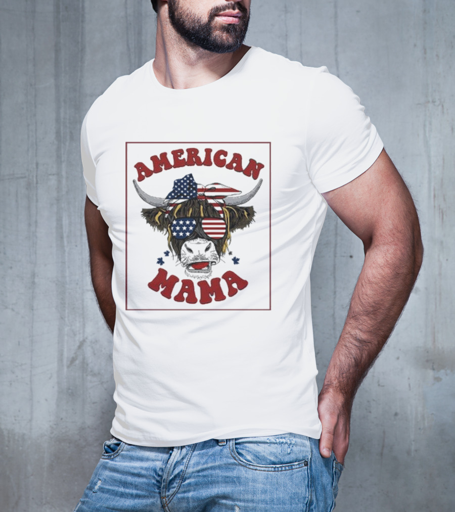 American Mama Cow Patriotic Flag Bandana And Glasses T-Shirt