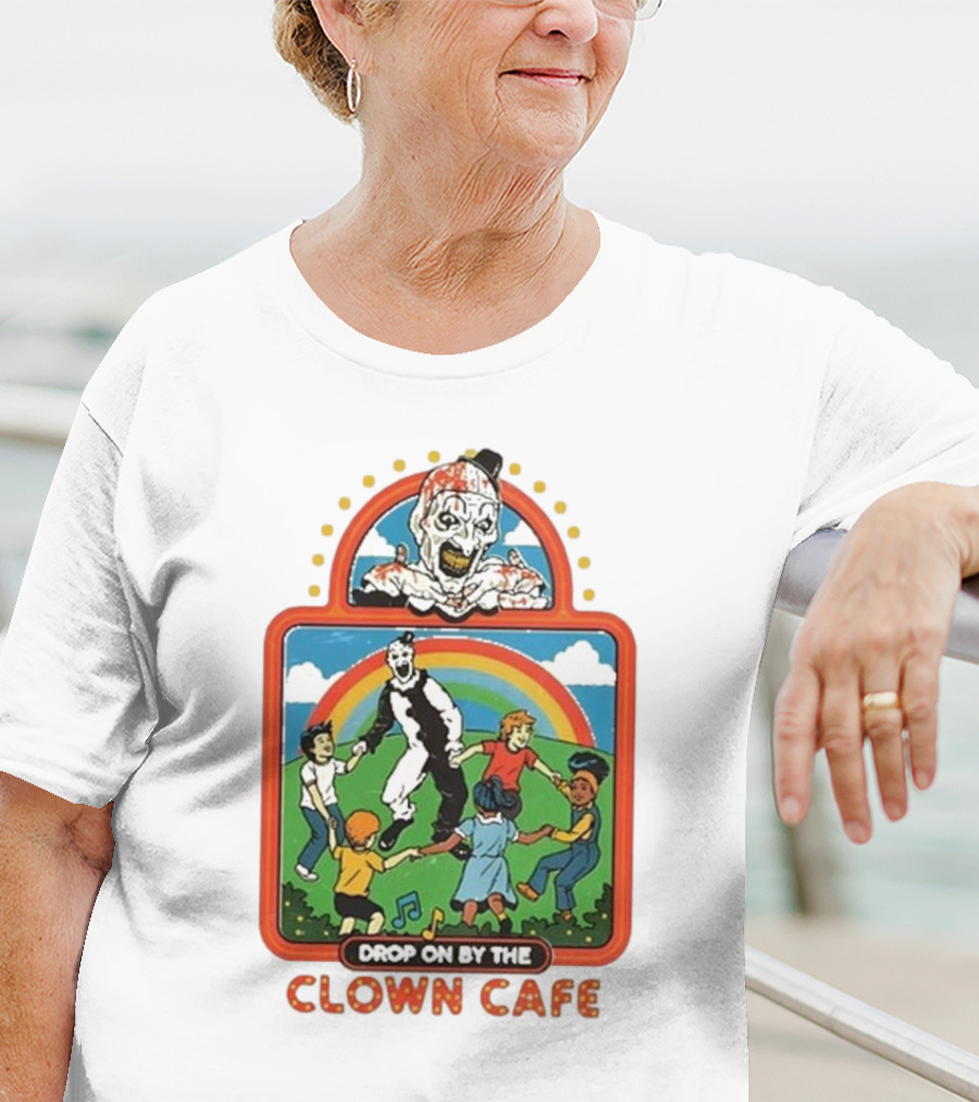 Drop On By The Clown Cafe Rainbow Clown Kids Circle T-Shirt