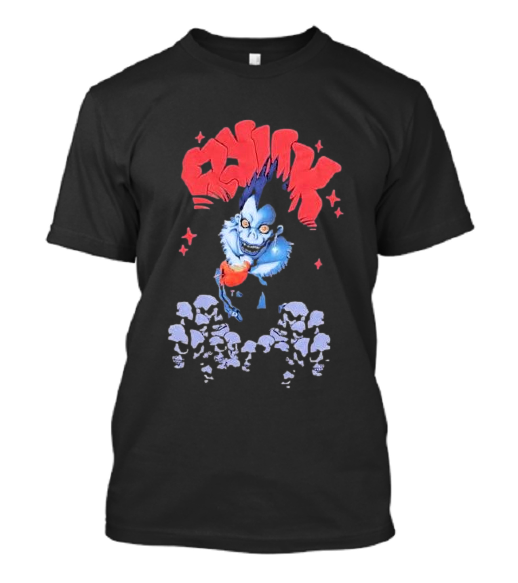 Death Note Ryuk Skull Puff Print Character With Red Spiked Lettering And Skulls T-Shirt