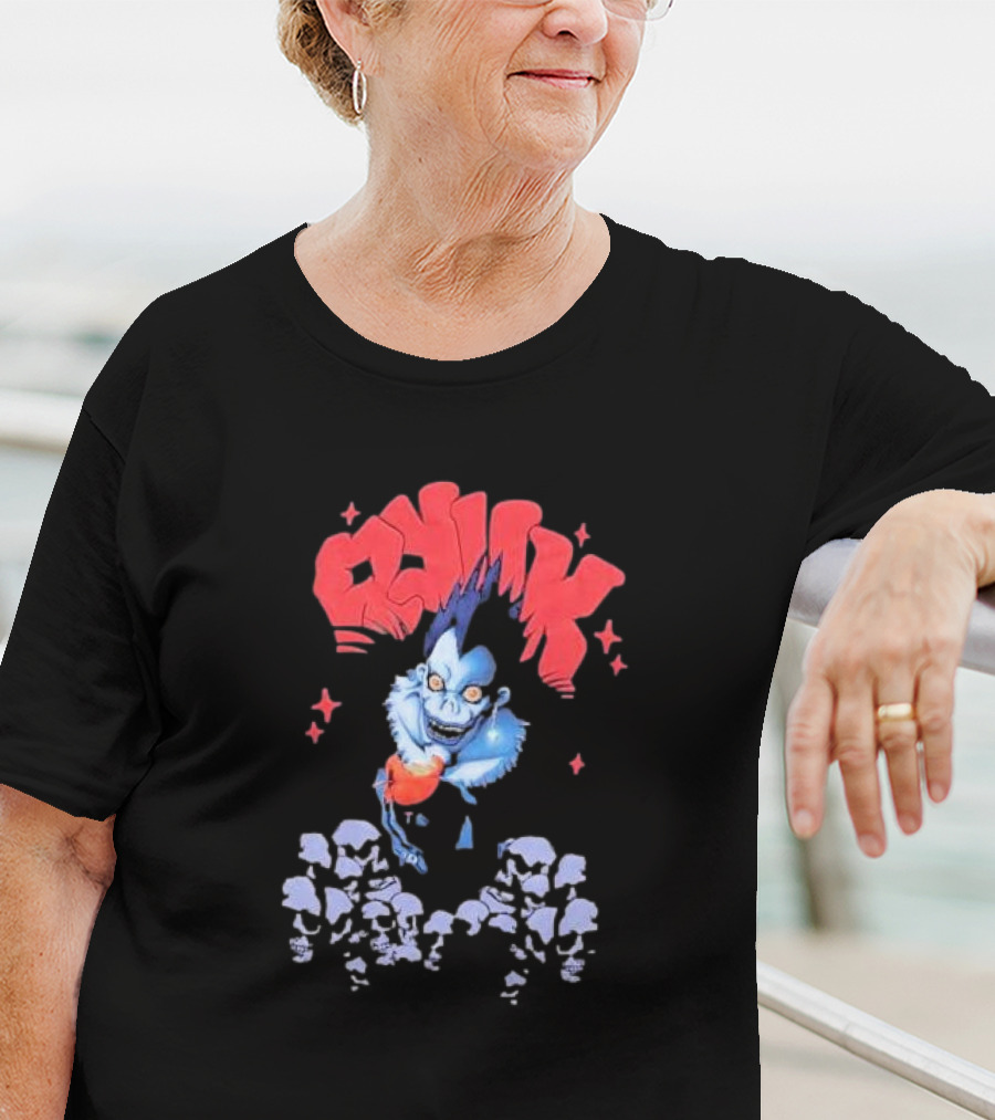 Death Note Ryuk Skull Puff Print Character With Red Spiked Lettering And Skulls T-Shirt