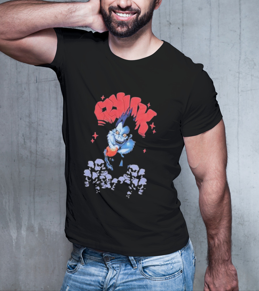 Death Note Ryuk Skull Puff Print Character With Red Spiked Lettering And Skulls T-Shirt