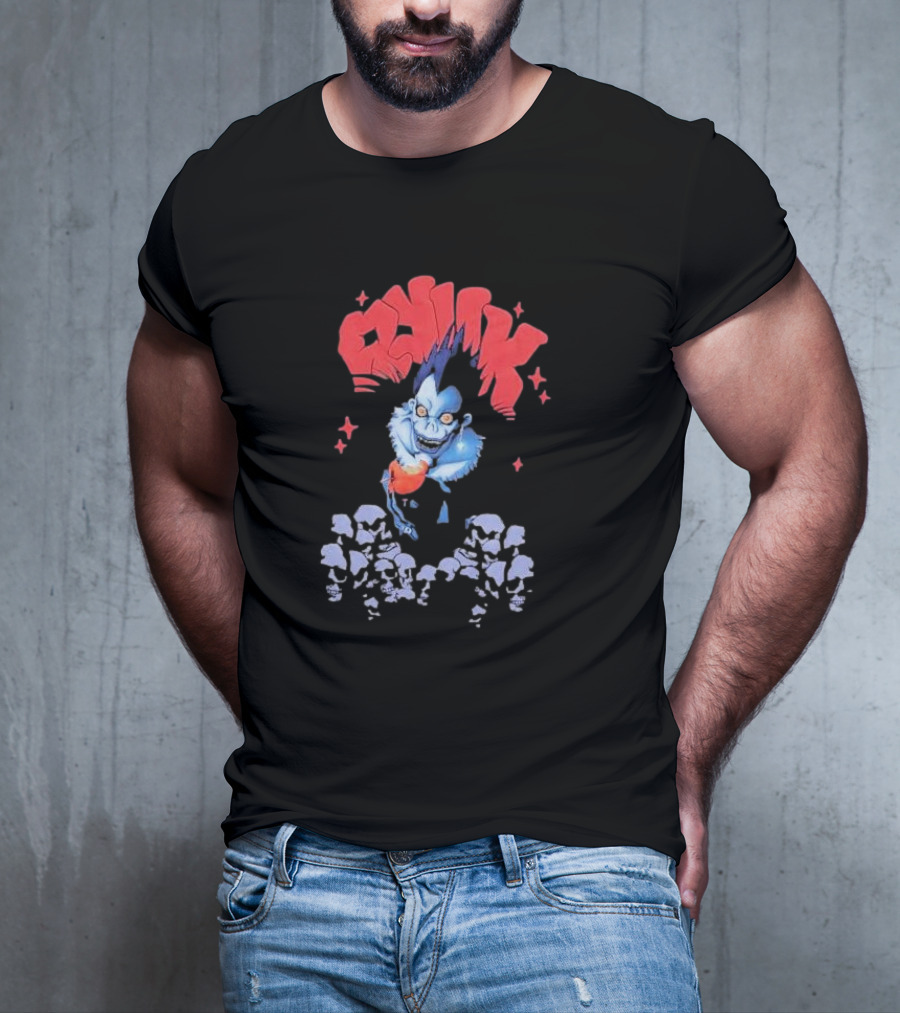 Death Note Ryuk Skull Puff Print Character With Red Spiked Lettering And Skulls T-Shirt