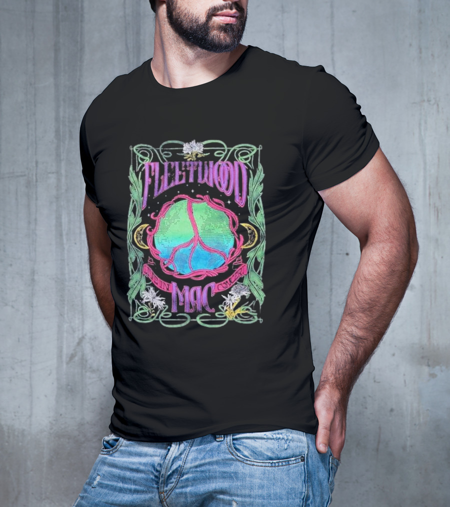 Fleetwood Mac World Peace Live Concert Graphic With Peace Symbol And Floral Motif T-Shirt