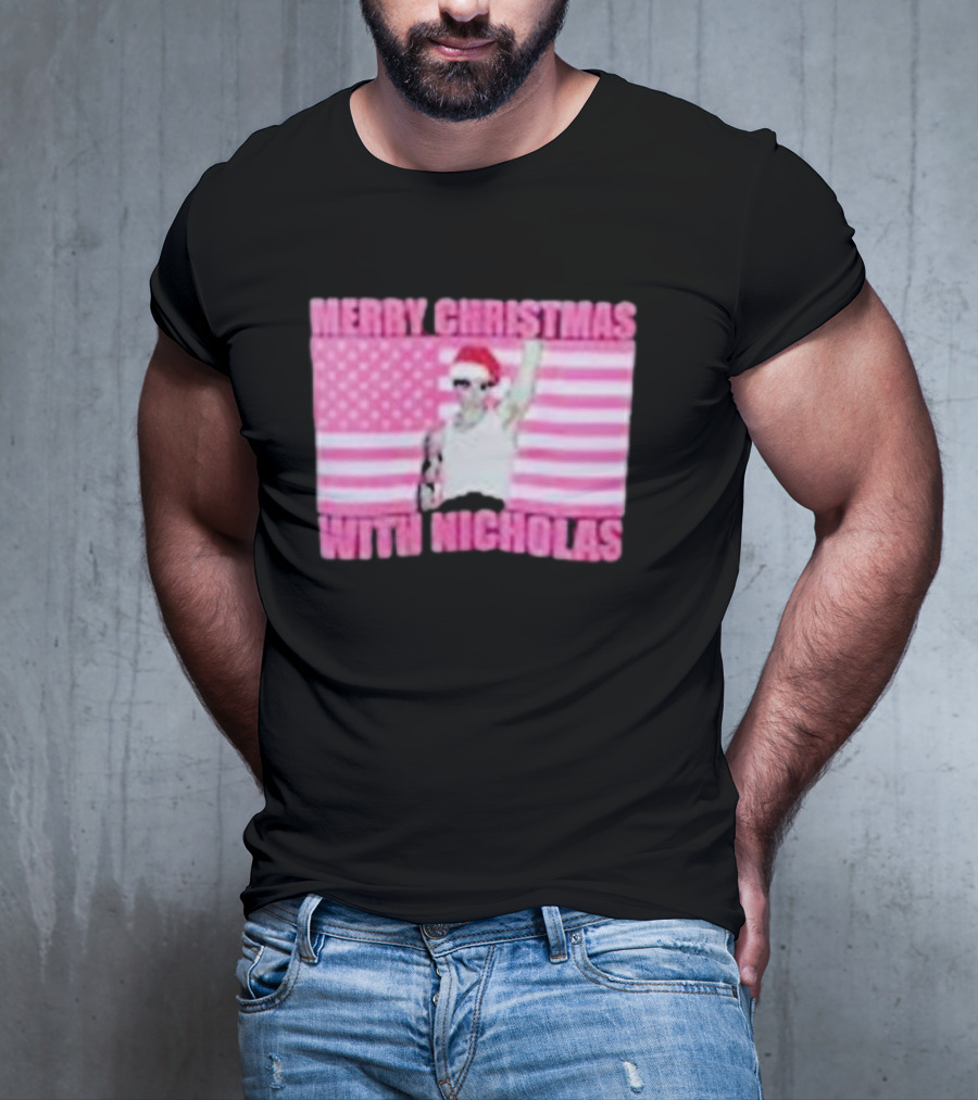 Merry Christmas With Nicholas Festive Santa Hat USA Flag T-Shirt