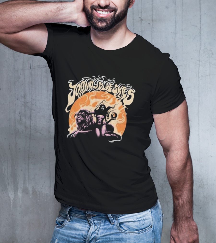 Johnny Blue Skies Sorceress With Lion Orange Background T-Shirt