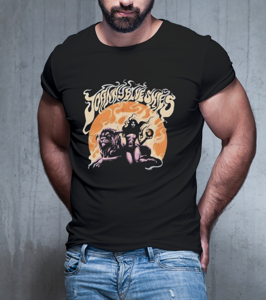 Johnny Blue Skies Sorceress With Lion Orange Background T-Shirt