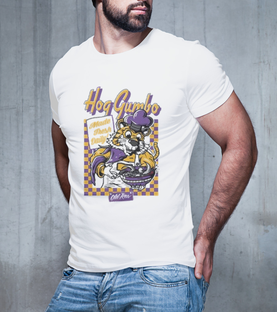 Old Row Hog Gumbo Made Fresh Daily Tiger Chef Purple Gold Checkered T-Shirt