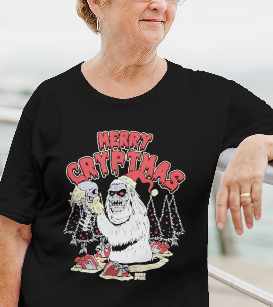 Merry Cryptmas Yeti Skull Santa Dark Humor T-Shirt