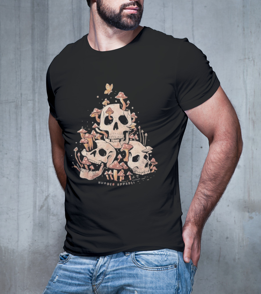 Skulls And Fungi Mushroom Murder Butterfly T-Shirt